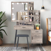 HAOYYE Modern Gray Vanity Table Set with Mirror Cabinet 2 Drawers 1 Door and 2 Storage Shelves Triamine Veneer Surface Iron Legs and 3 Light Bulbs Stylish Dressing Table for Bedroom and Makeup Room